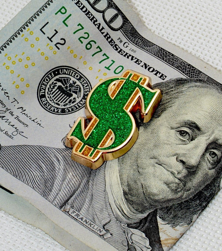 Wholesale Green & Gold Glitter Dollar Sign Needle Minder (mini magnet)
